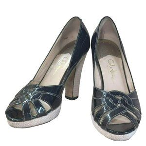 Cole Haan by Nike Black Patent Leather Peep Toe Pump Woven Heel